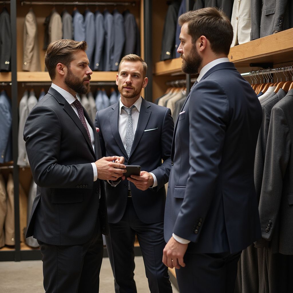 Three men in suits in a clothing store, looking at a tablet and suits.