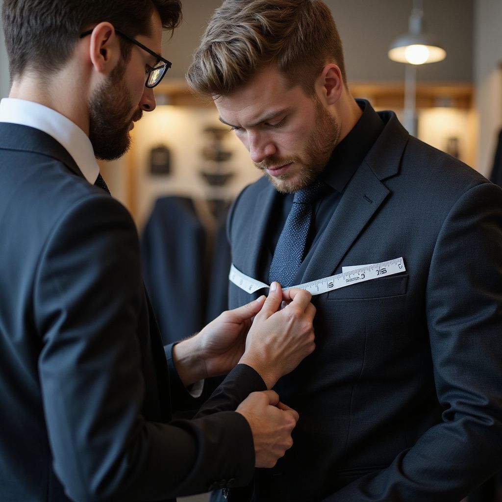 Tailor measuring a man's chest for a suit fitting in a shop.
