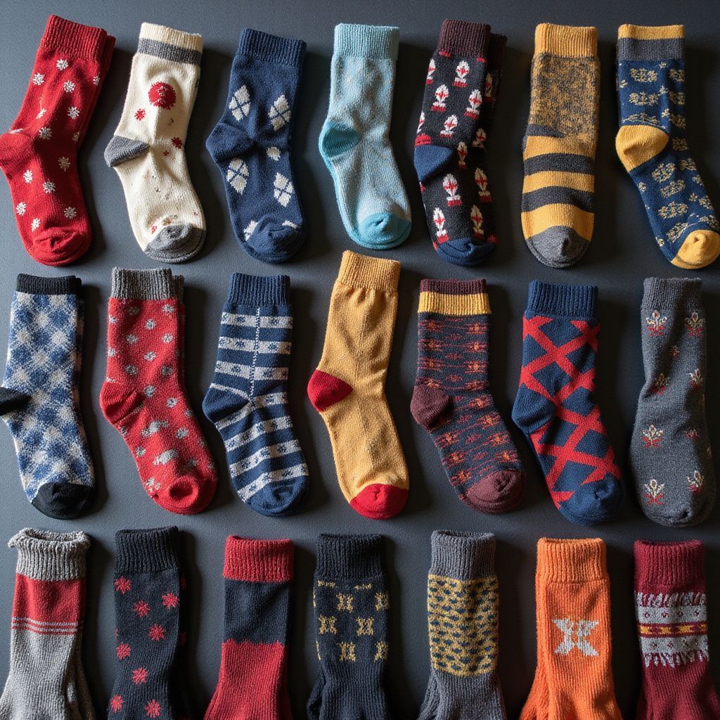 Rows of patterned socks, various colors and designs, laid out on a dark surface.
