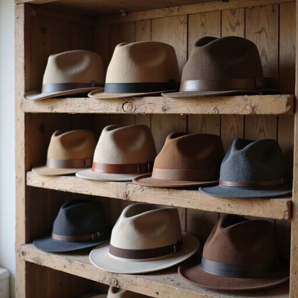 Hats on wooden shelves. Various tan, brown, and black fedora hats displayed in a store.