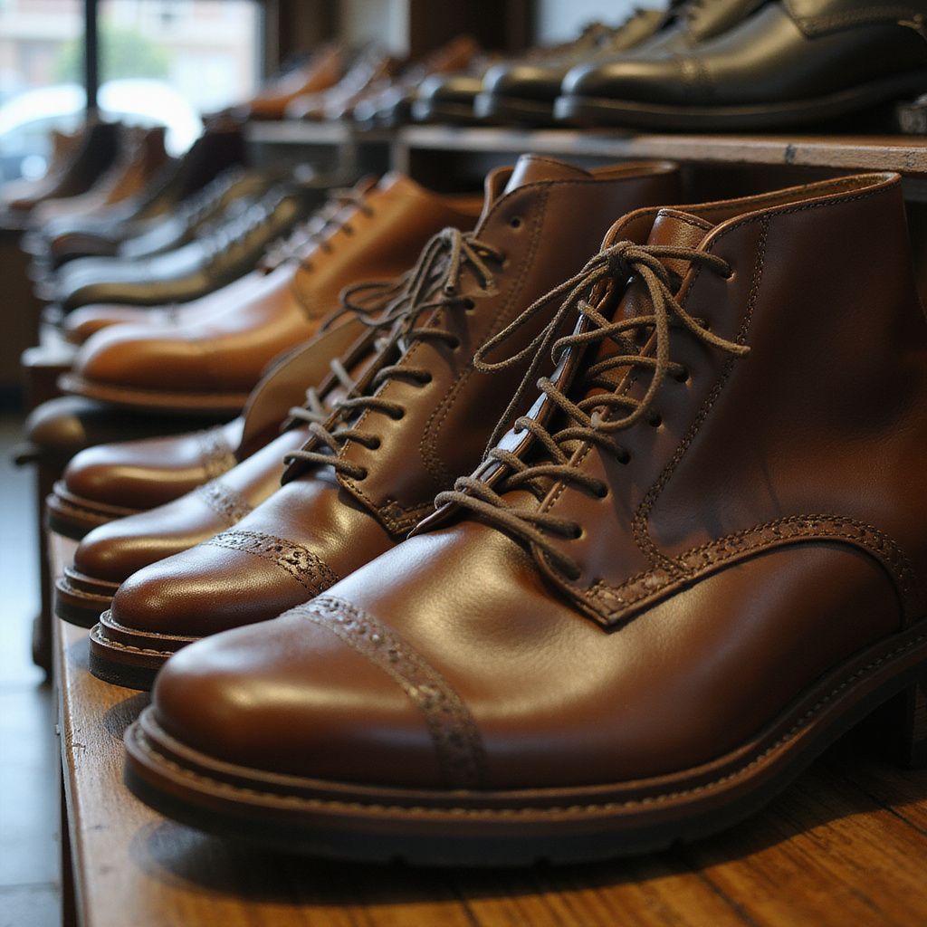 Brown leather boots and shoes on a wooden display shelf in a store.