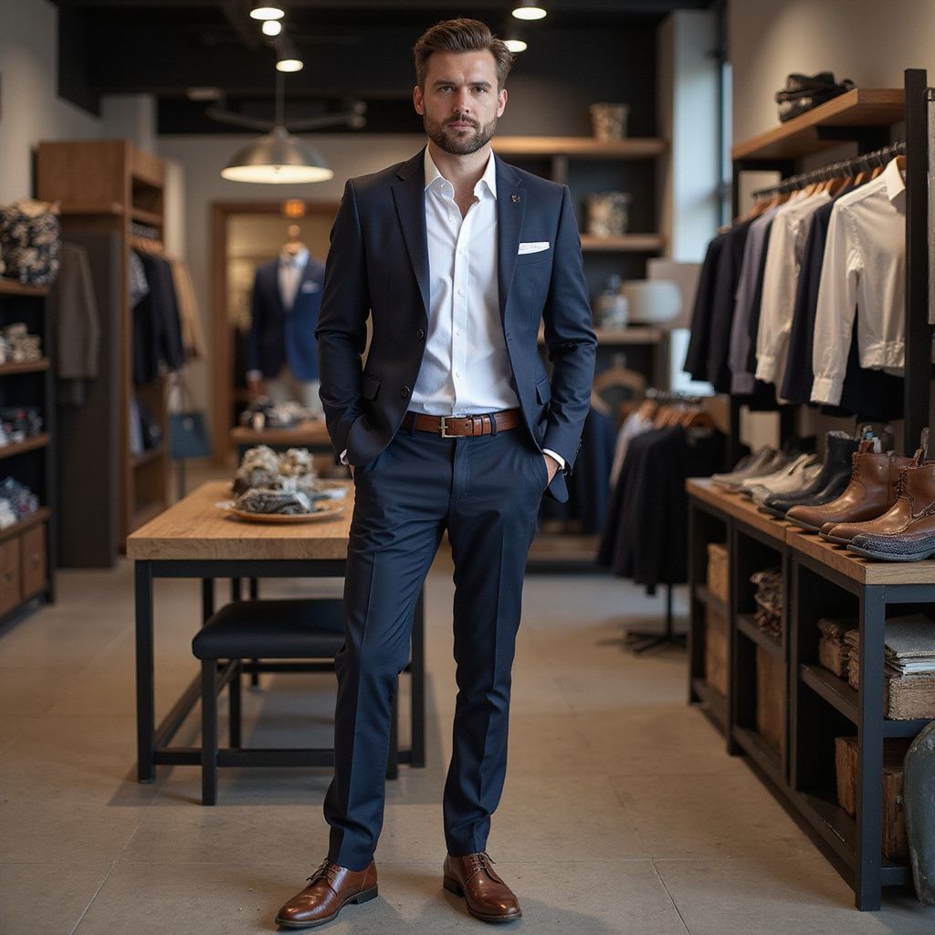 Man in a suit standing in a clothing store, hands in pockets.