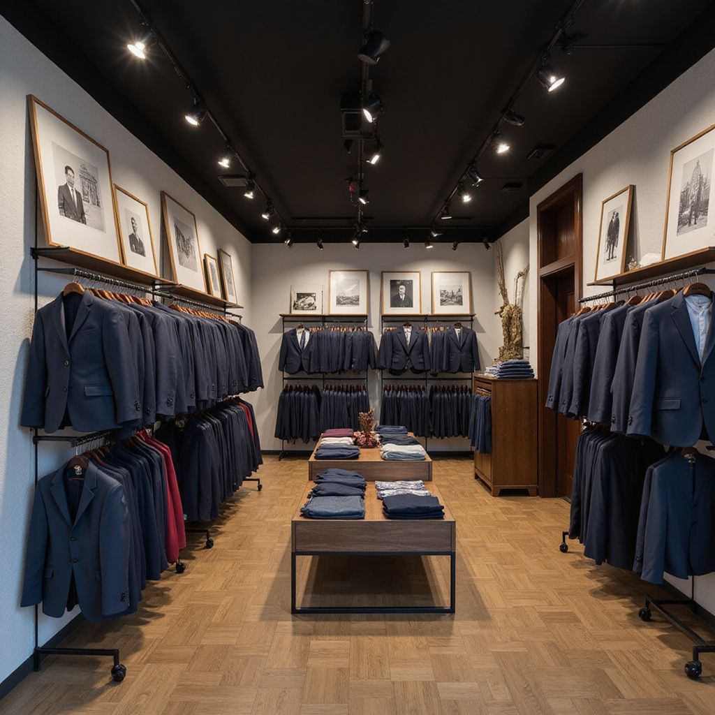 Clothing store interior with suits and accessories displayed on racks and tables.