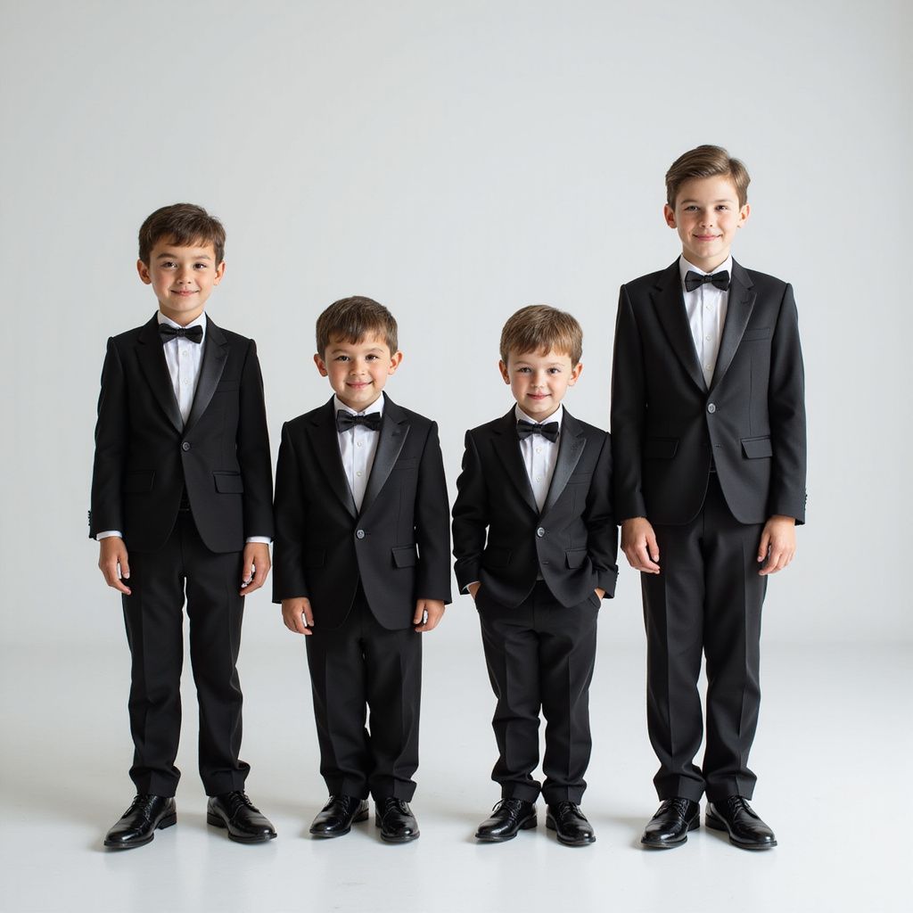 Four children in black tuxedos, posed against a white background.