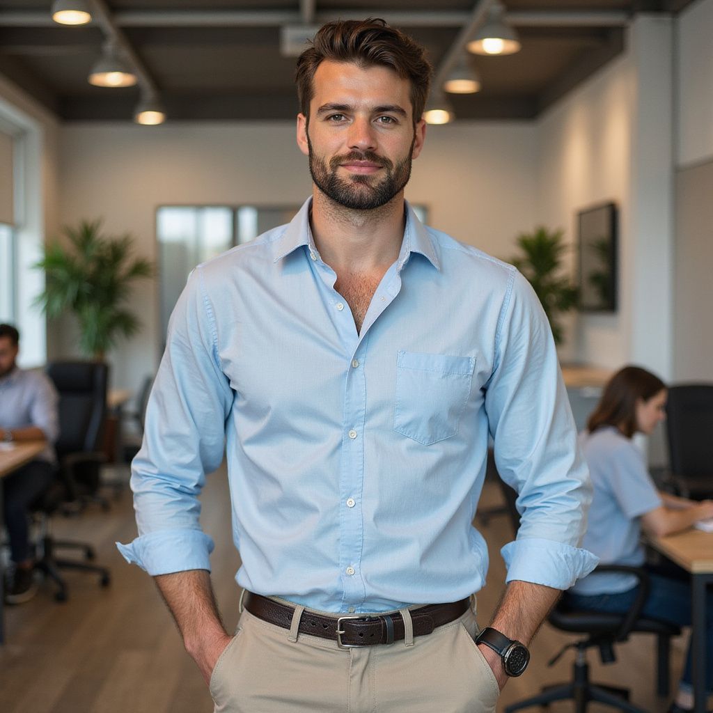 Man in light blue shirt and khaki pants, hands in pockets, in a bright office.