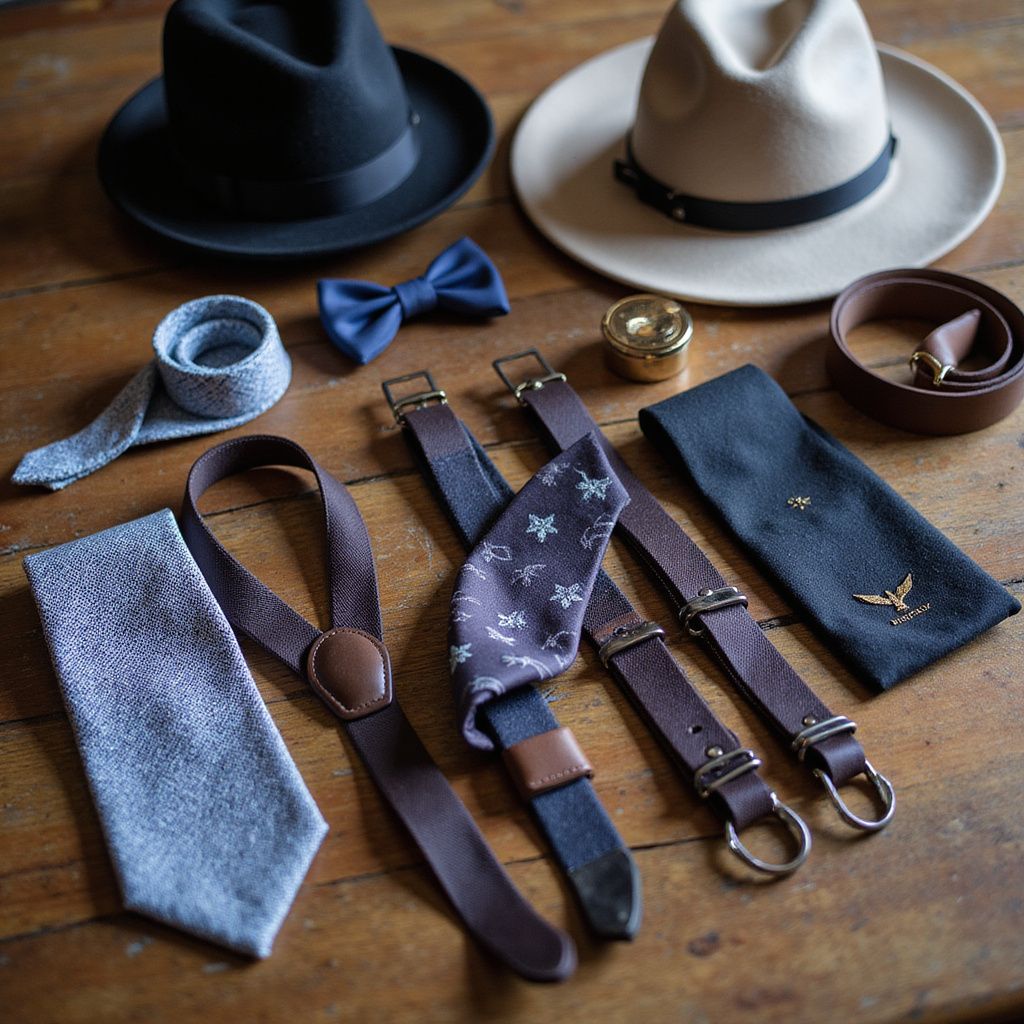 Hats, bow tie, suspenders, belts, and a necktie displayed on a wooden surface. Fashion accessories.
