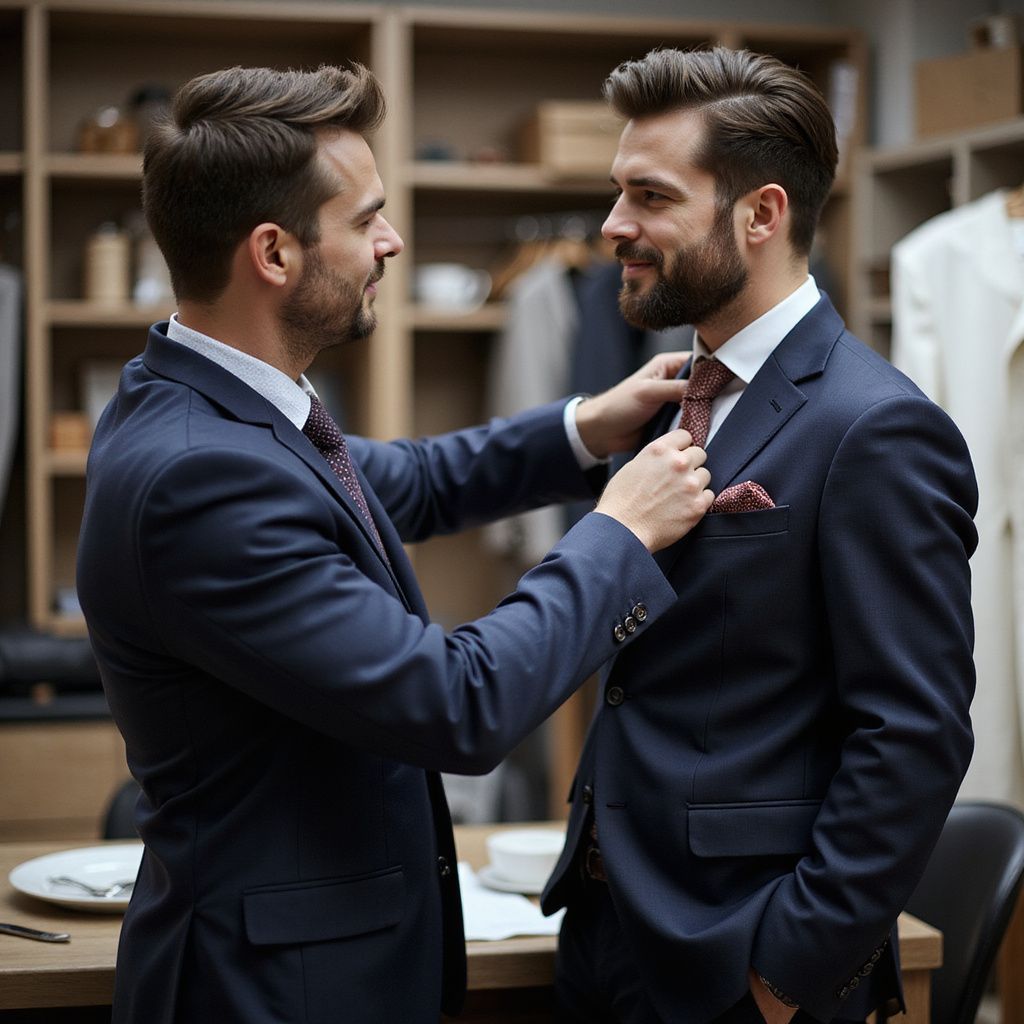 Man in a suit being fitted by another man in a suit in a clothing store; adjusting tie.
