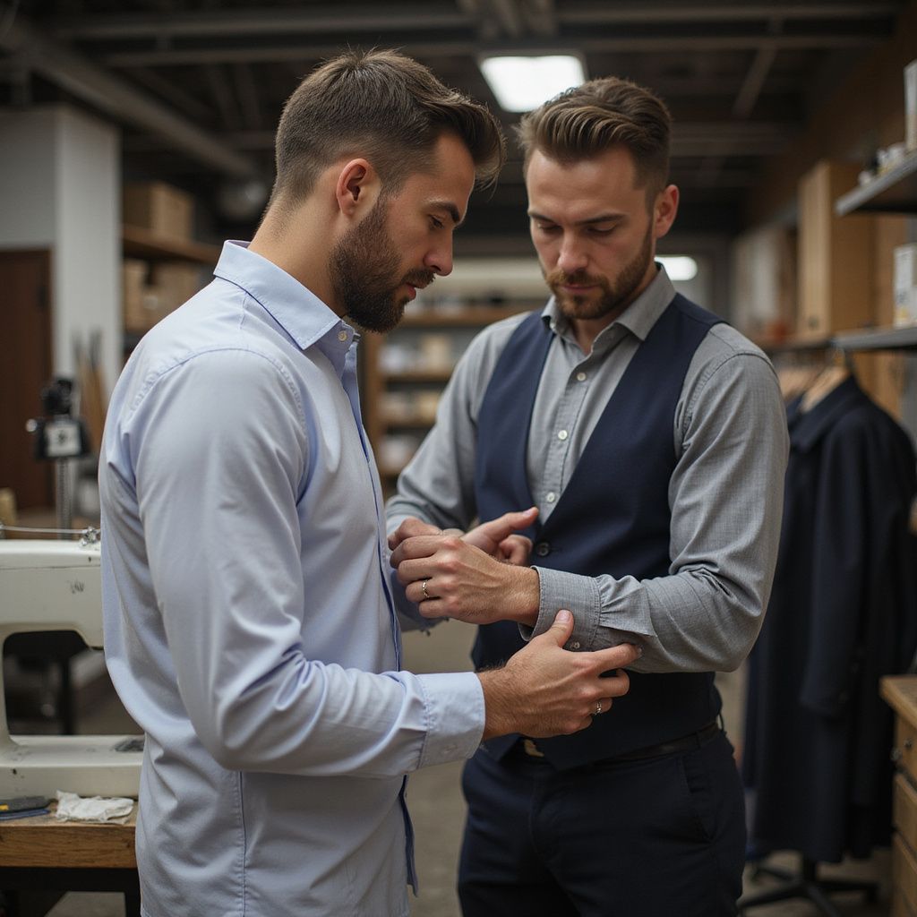 Man adjusting another man's shirt cuff in a tailoring workshop.