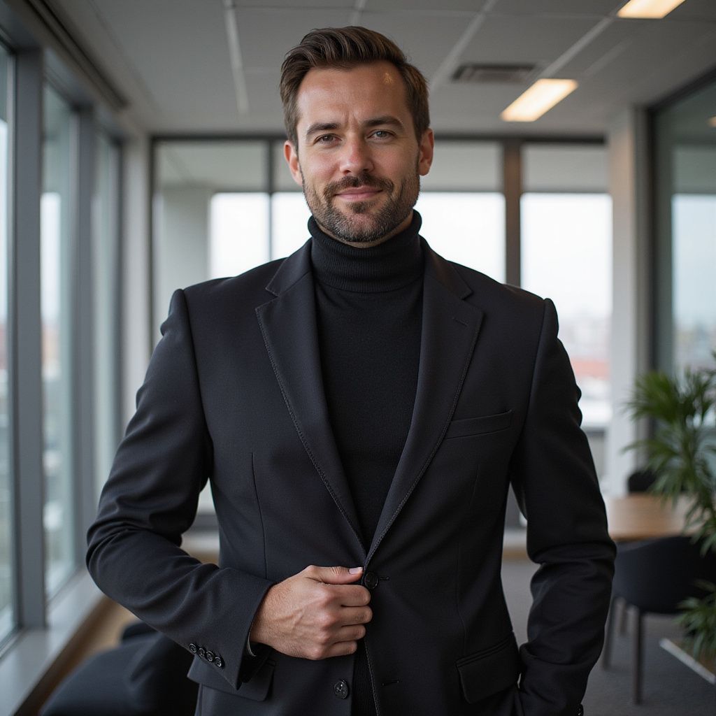 Man in black suit and turtleneck, adjusting jacket in an office setting.