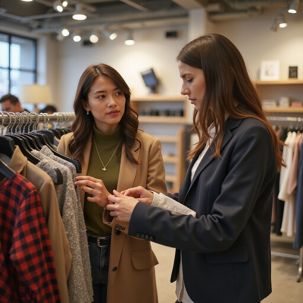 Two women shopping in a clothing store, looking at garments on a rack.