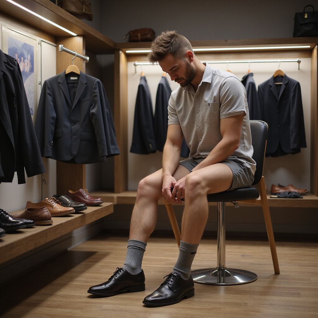 Man in a gray shirt and shorts sits trying on black dress shoes in a walk-in closet with suits.