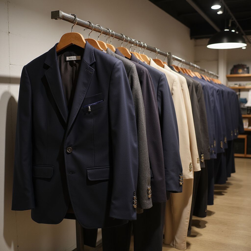 Row of suits in various colors hanging on a clothing rack in a store.