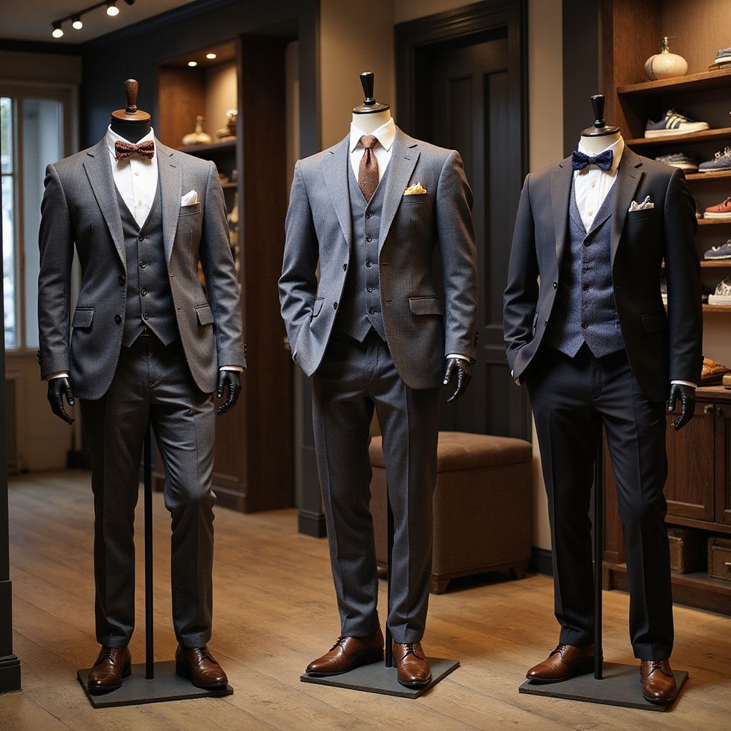 Three mannequins in suits, displayed in a store. Gray and navy suits with vests, bow ties, and ties. Brown shoes.