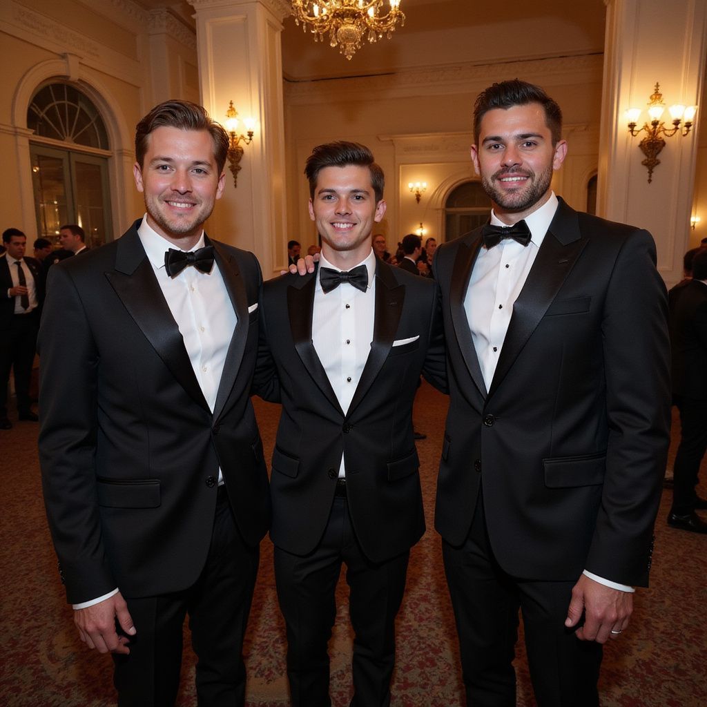 Three men in black tuxedos pose together indoors.