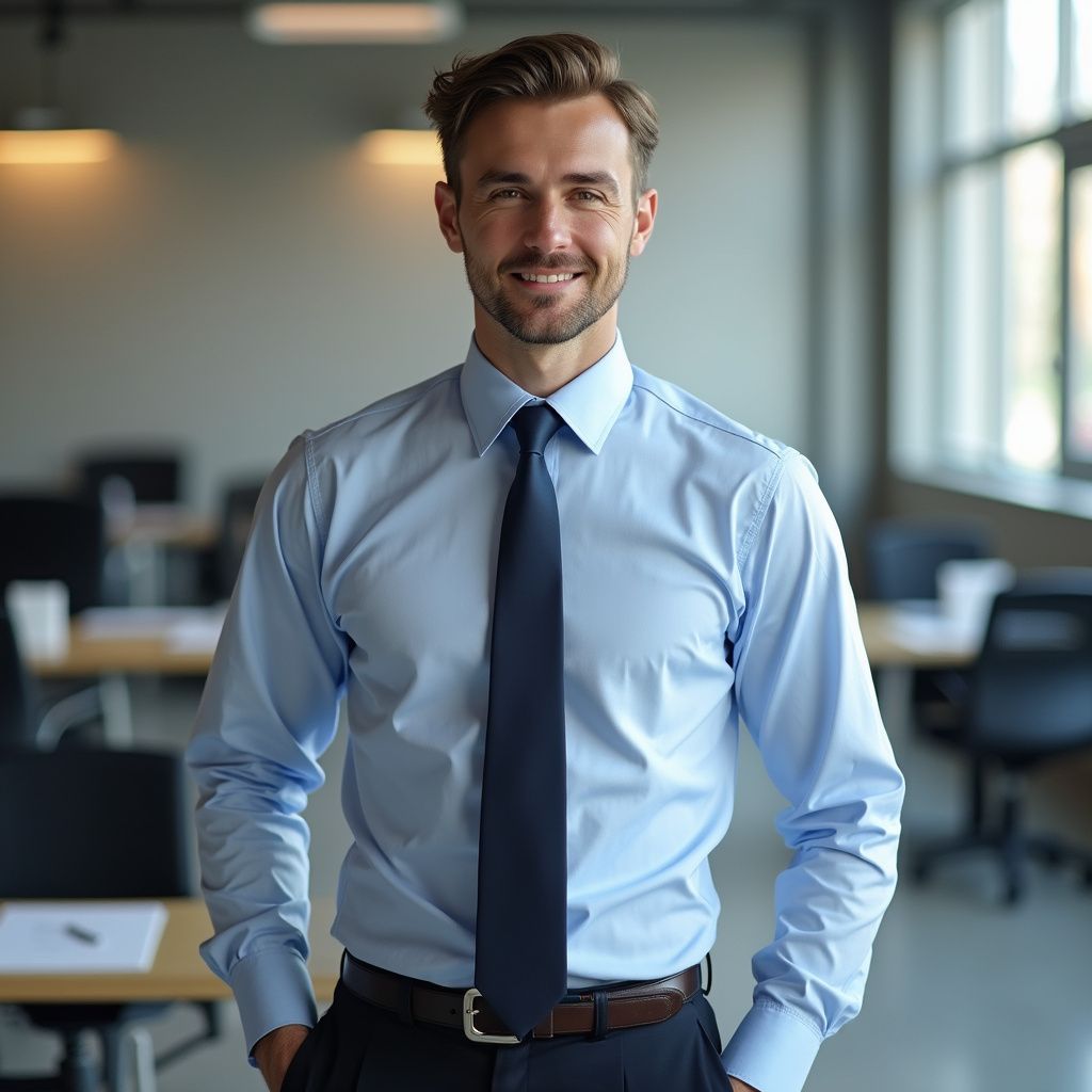 Man in a blue dress shirt and tie, smiling, hands in pockets, in an office setting.