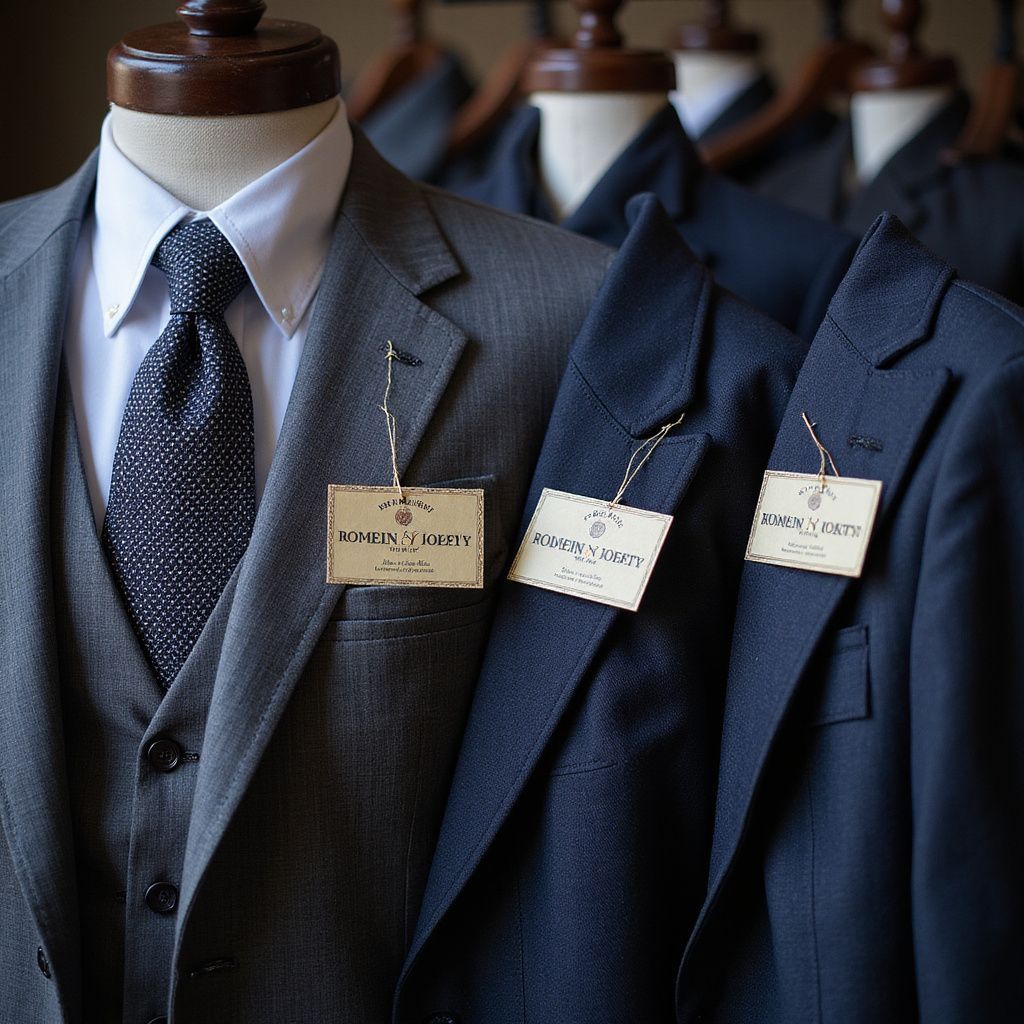 Suits on mannequins, varying shades of gray and blue. Each has a tag.