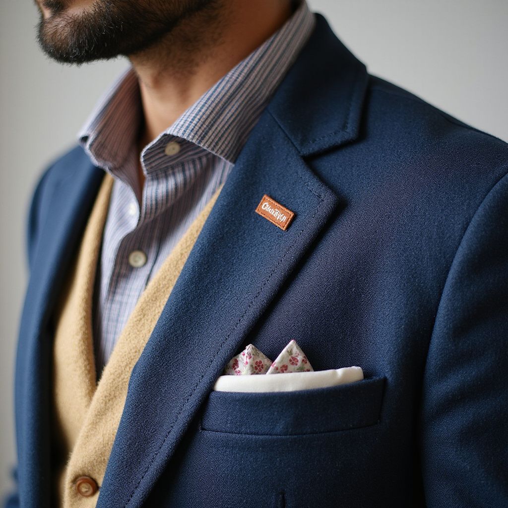 Man in blue blazer, tan vest, and striped shirt; pocket square visible.