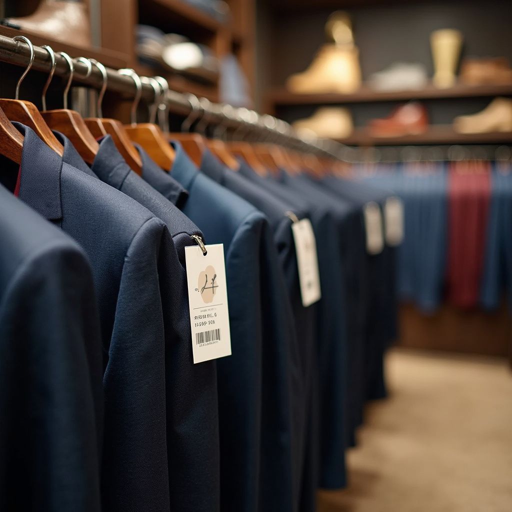 Row of navy blue suit jackets hanging in a clothing store, wooden hangers, price tags visible.