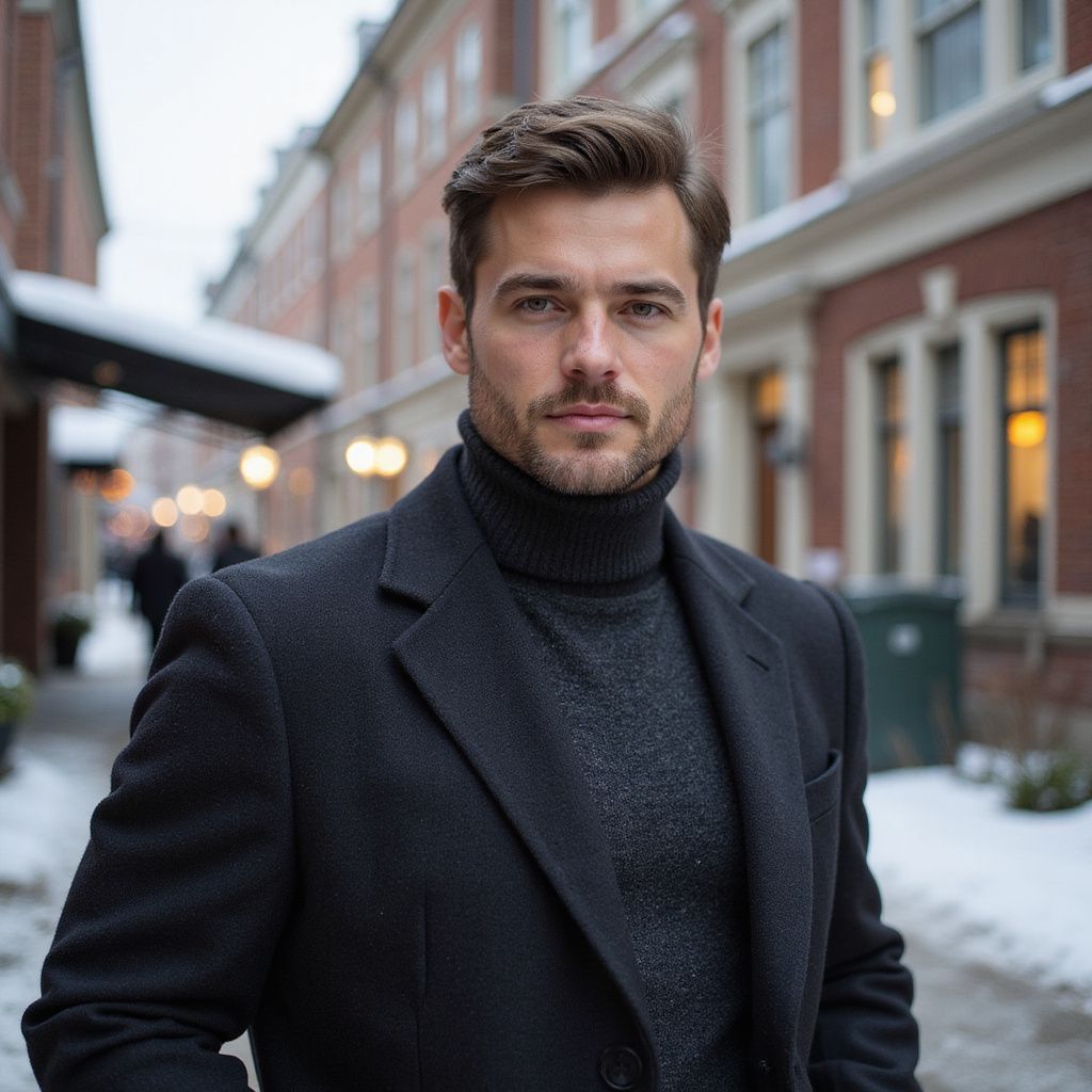 Man in black turtleneck and coat stands on snowy street.