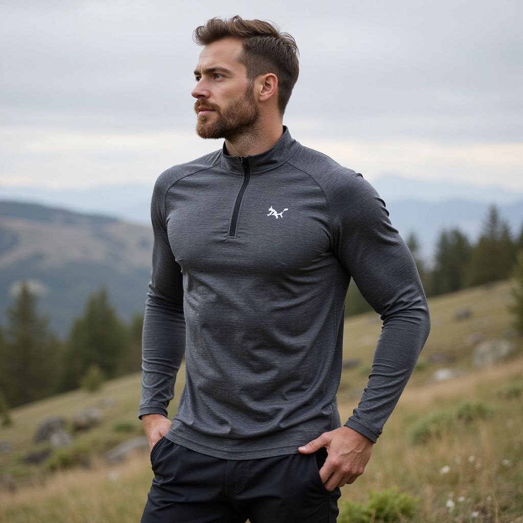 Man in gray athletic top, zipper partially open, standing outdoors with hands in pockets.