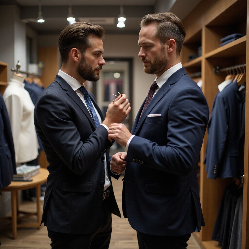 Two men in suits adjust cufflinks in a tailored clothing store, focused.