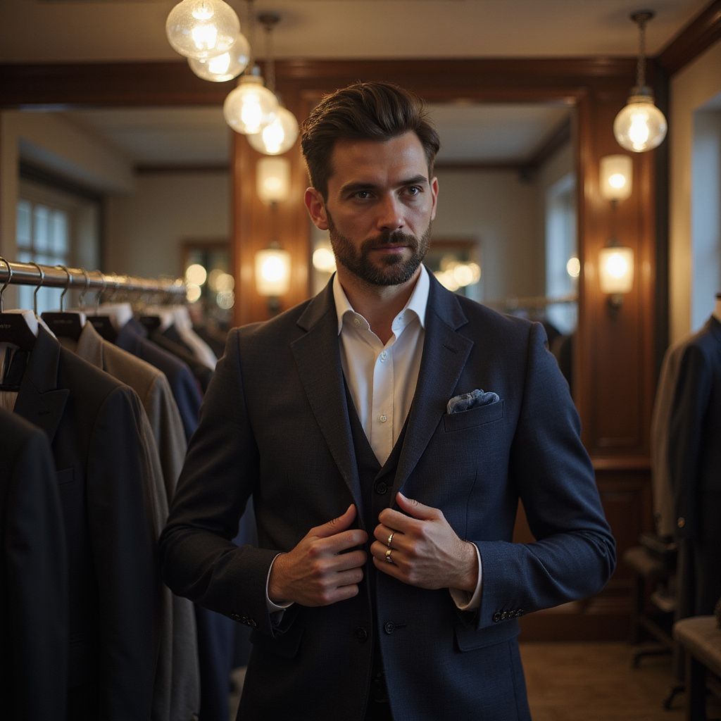 Man in dark suit, white shirt, and vest, adjusting jacket in a tailor shop.