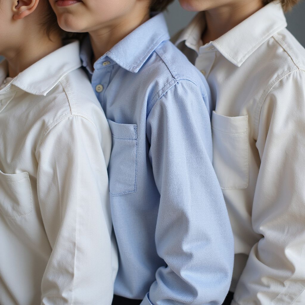Three people in button-up shirts, two white and one light blue, standing in a close row.