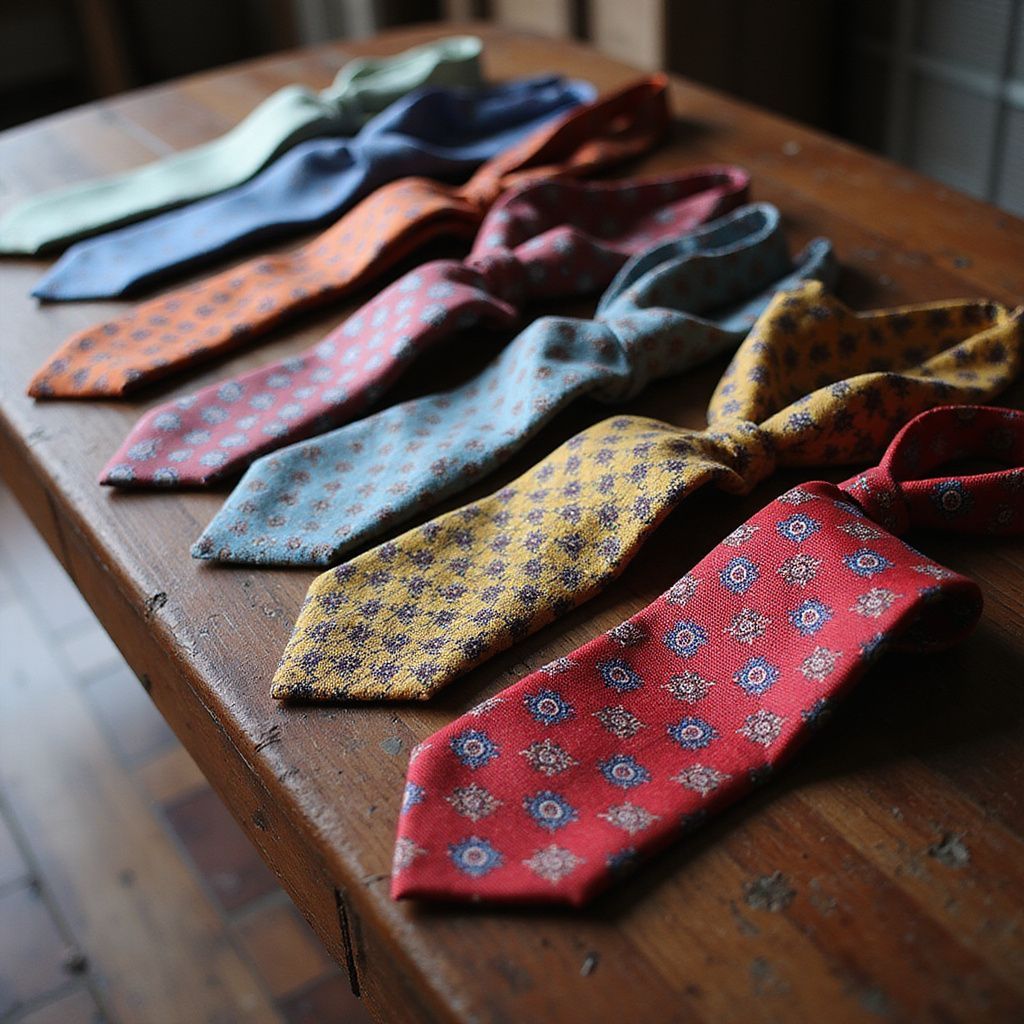Nine colorful patterned neckties on a weathered wooden surface.