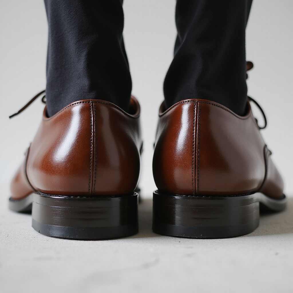 Brown leather dress shoes with black pants against a light background.