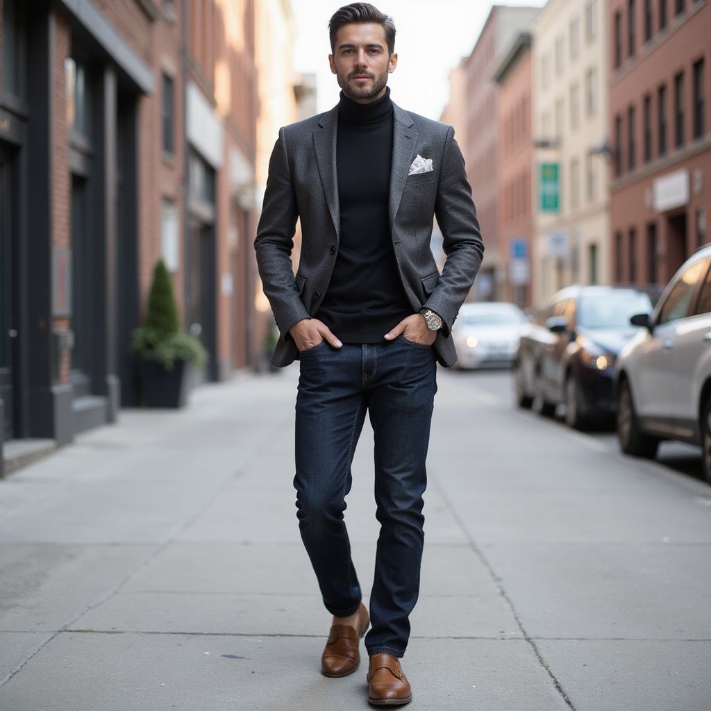 Man in a charcoal blazer, black turtleneck, and dark jeans walks down a city street.