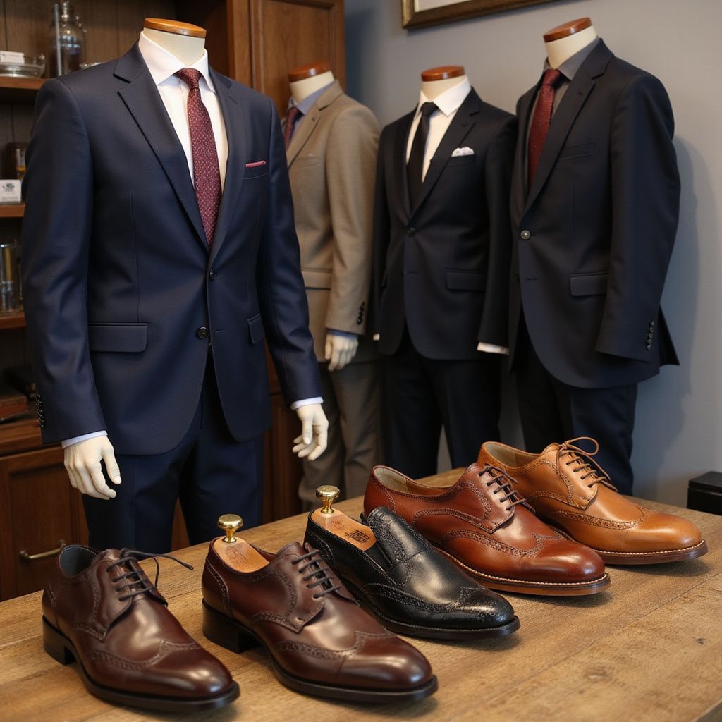 Men's suits on mannequins with dress shoes lined up on a wooden table in a menswear store.