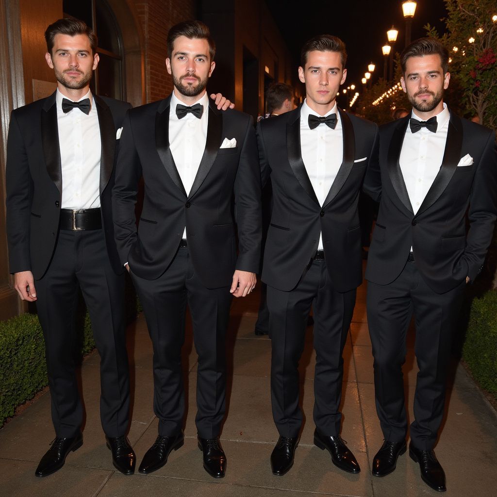 Four men in black tuxedos pose outdoors at night.