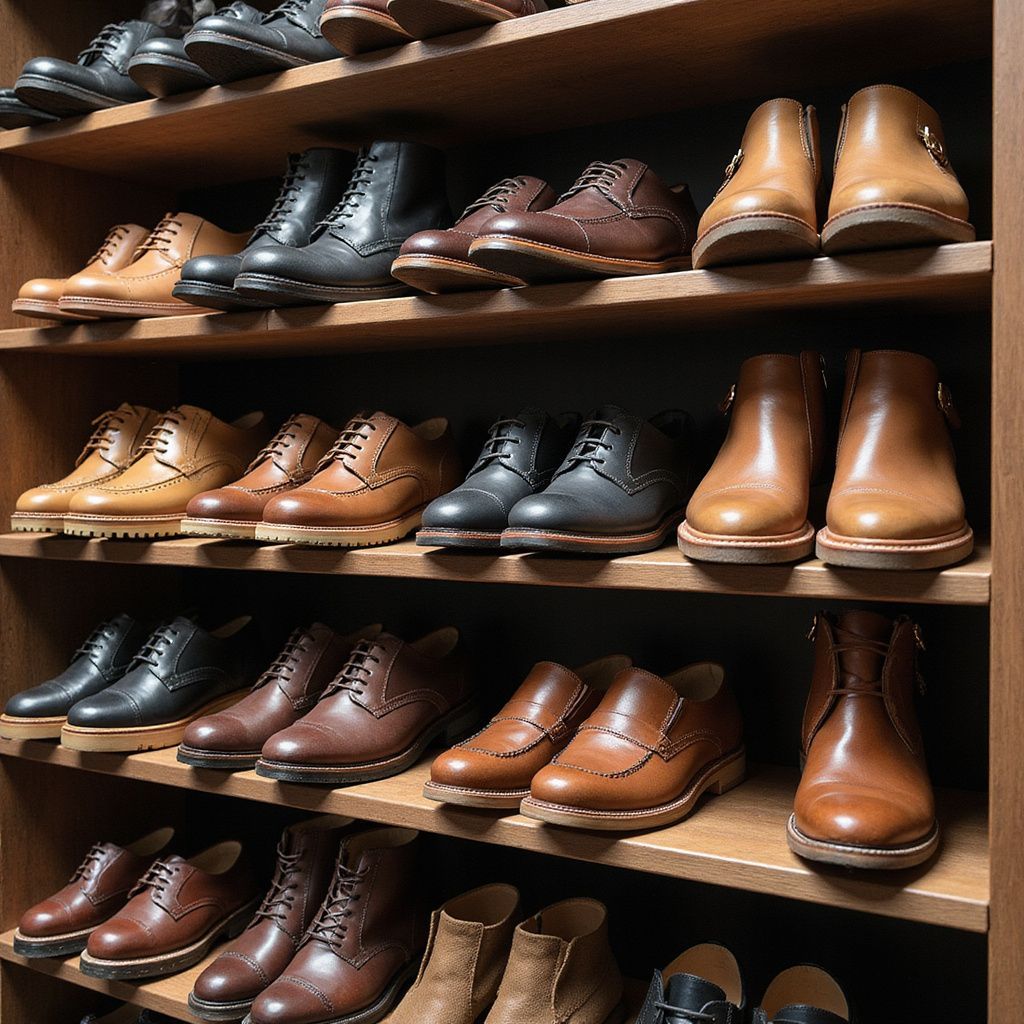 Shoes neatly arranged on wooden shelves. Varied styles and colors of leather shoes.