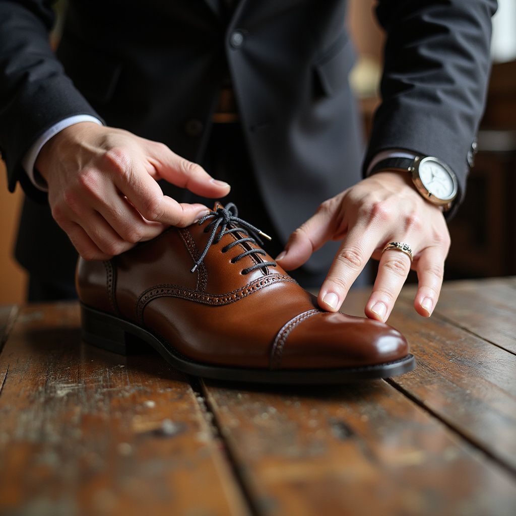 Man in suit tying brown leather dress shoe.
