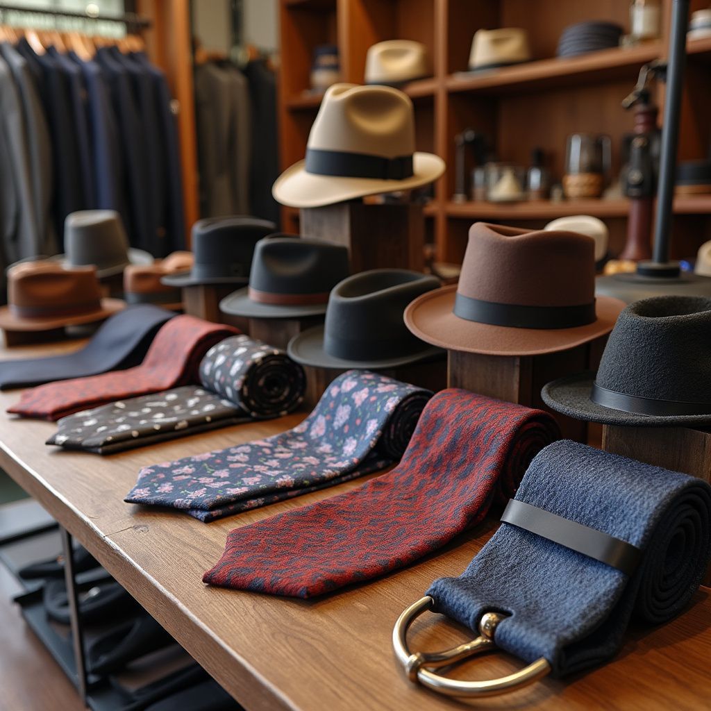 Display of hats, ties, and belts on a wooden table in a retail store.