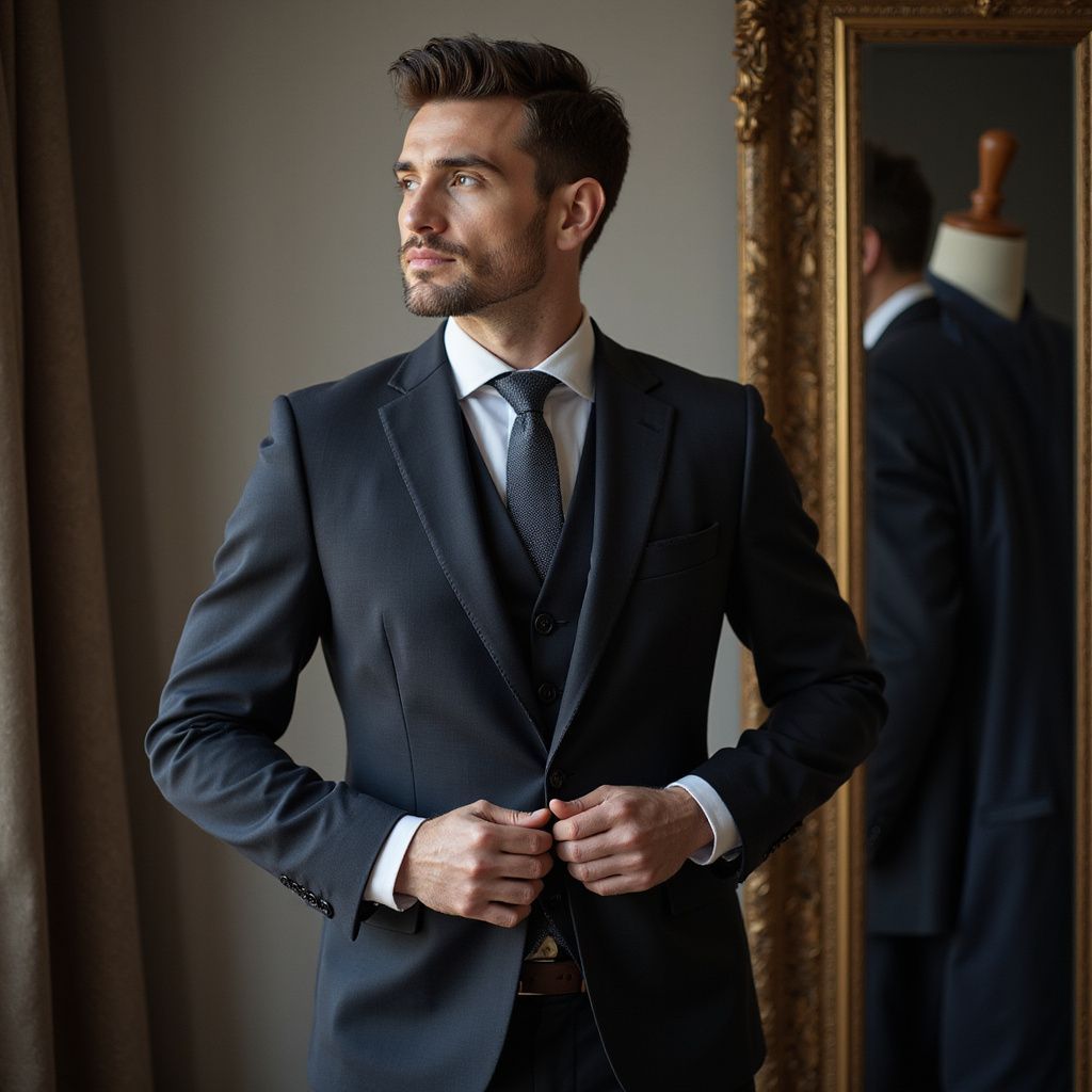 Man in a dark suit adjusting his jacket, standing near a gold-framed mirror, indoors.