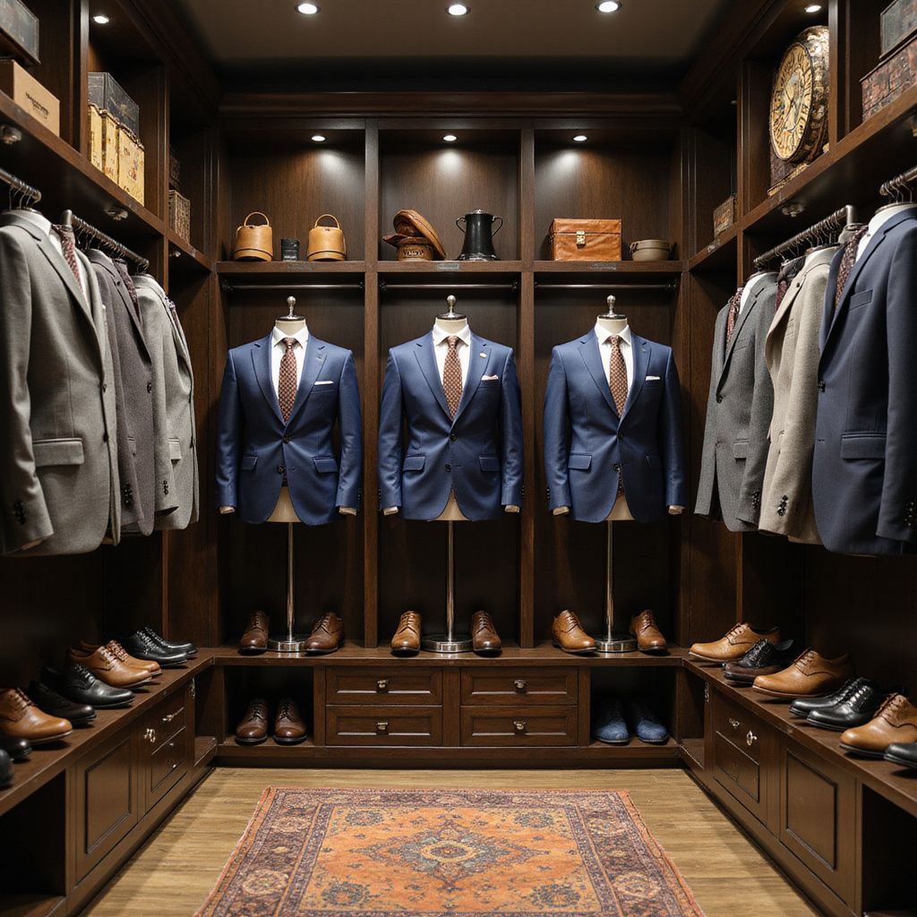 Luxurious walk-in closet with suits on mannequins, shoes, and wooden storage. Dark wood interior, rug on floor.