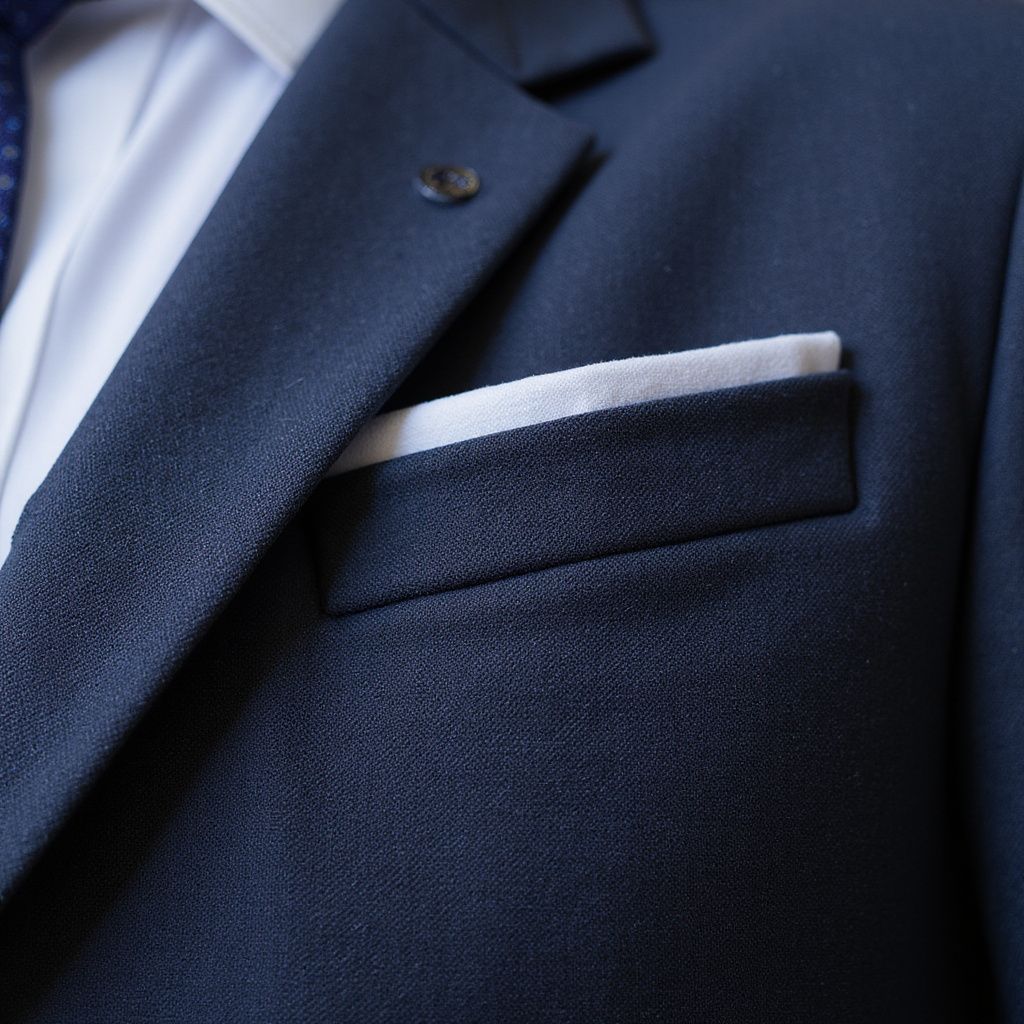 Navy blue suit jacket with a white pocket square.