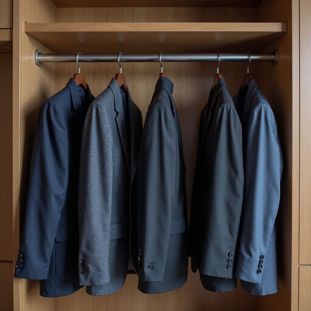 Five dark suit jackets hanging in a wooden closet.