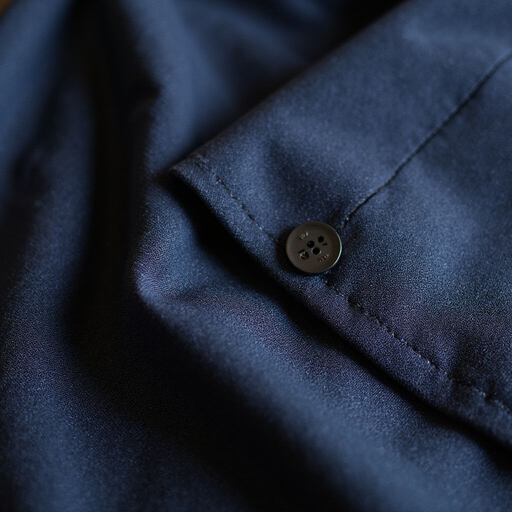 Close-up of a navy blue fabric with a small, dark button sewn on a fold.
