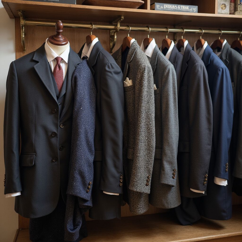 Row of suits hanging on a rack in a shop. A mannequin wears a dark suit, tie. Other suits are gray and blue.