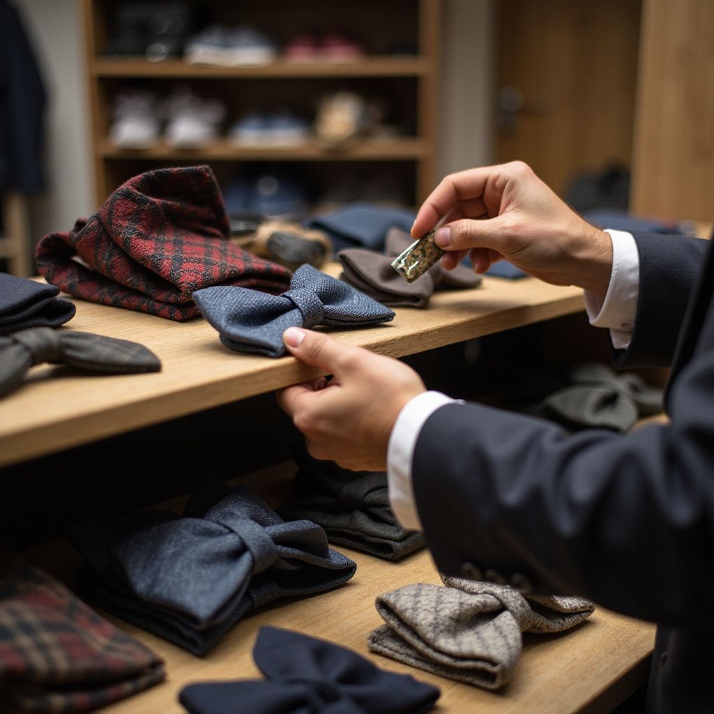 Person holding a key, browsing bow ties on a wooden shelf in a shop.