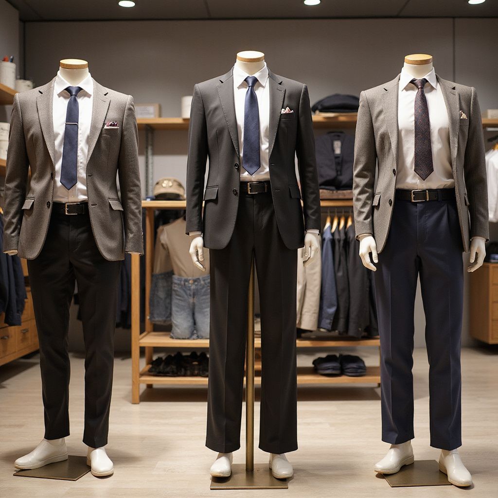 Three mannequins wearing suits in a clothing store display. Suits are gray, black, and blue.