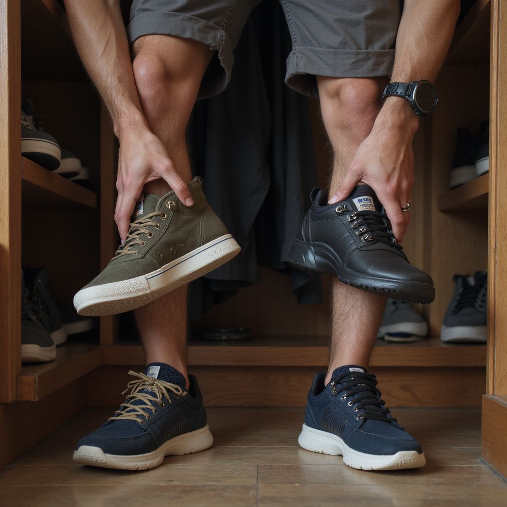Man holding up a green and black shoe, standing in front of a shoe rack.