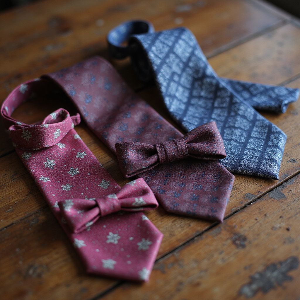 Three patterned neckties and a bow tie rest on a rustic wooden surface.