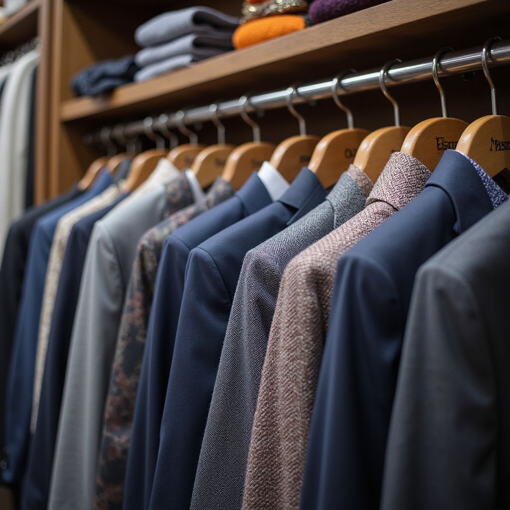 Row of suits on wooden hangers in a closet. Varied colors and patterns, a shelf above with folded items.