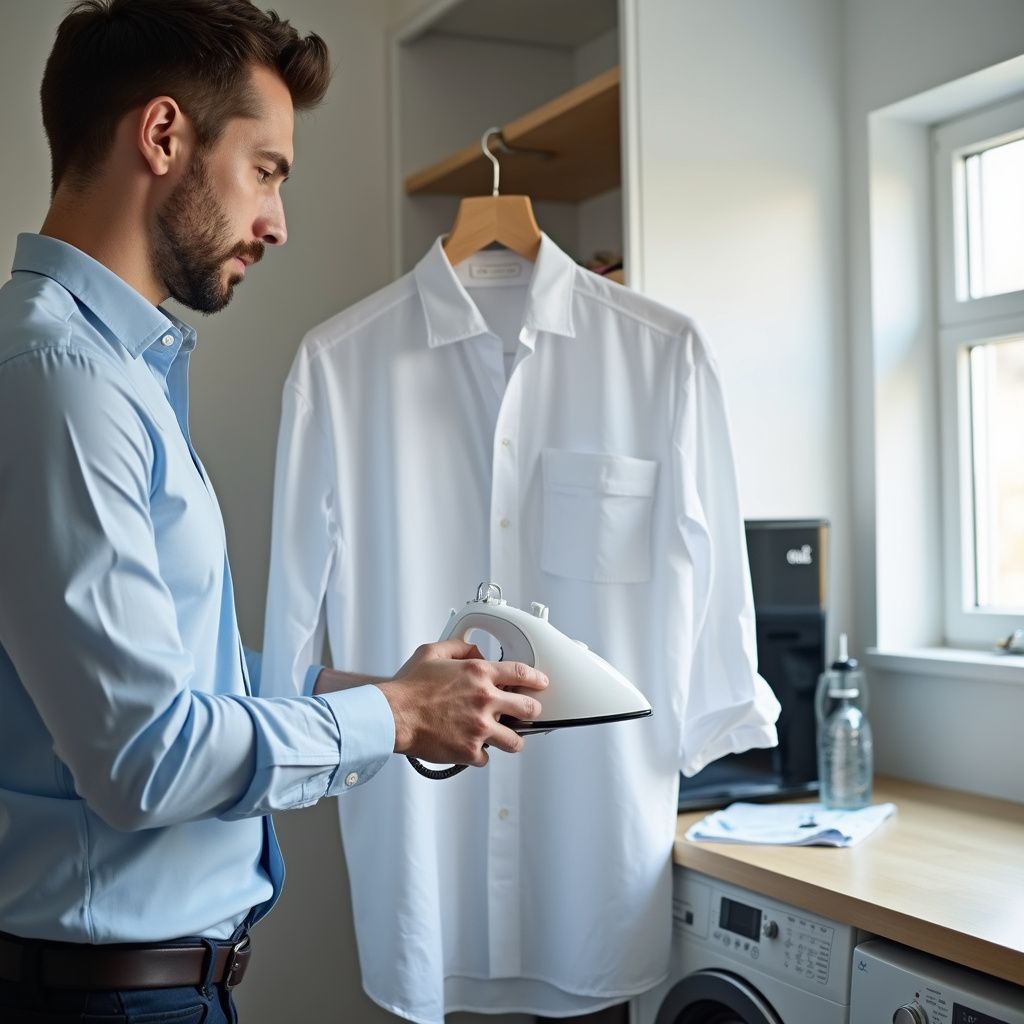 Man ironing a white shirt in a laundry room.