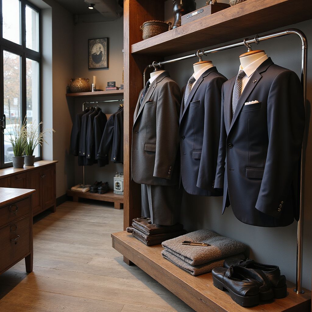 Inside a men's clothing store, mannequins wear suits. Wooden shelves display folded sweaters and shoes.