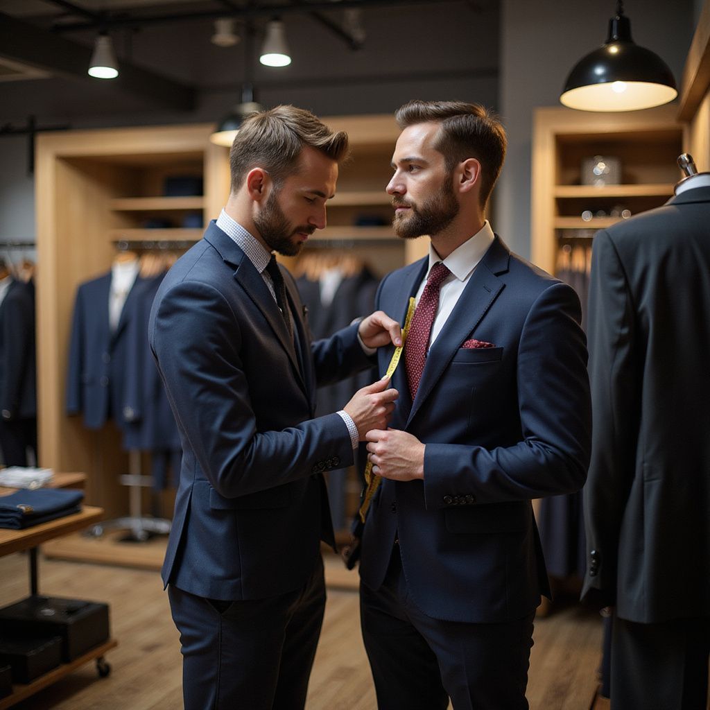 Tailor measuring a man's suit jacket in a clothing store. Both men are wearing suits.
