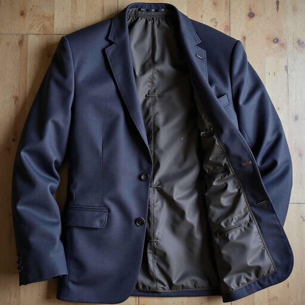Dark blue suit jacket, open to reveal a grey interior, on a wood surface.
